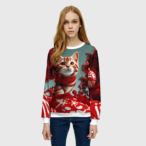 Женский свитшот Рыжий кот - Новый год / 3D-Белый – фото 3
