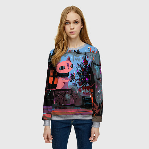 Женский свитшот Кошка празднует Новый год / 3D-Меланж – фото 3