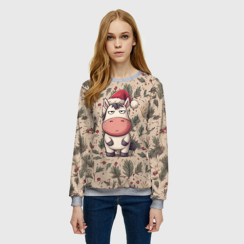 Женский свитшот Новогодняя лошадка на фоне елочных веток / 3D-Меланж – фото 3