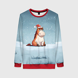 Свитшот женский Лошадь сидит на снегу, цвет: 3D-красный