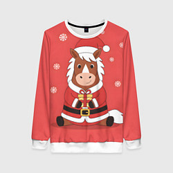 Свитшот женский Новогодняя лошадка с подарком, цвет: 3D-белый