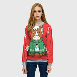 Свитшот женский Новогодняя лошадка в зеленом свитере, цвет: 3D-меланж — фото 2