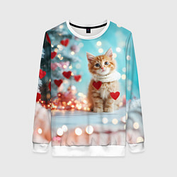 Свитшот женский Милый рыжий котенок - Новый год, цвет: 3D-белый
