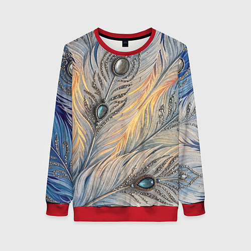 Женский свитшот Синие перья с самоцветами / 3D-Красный – фото 1