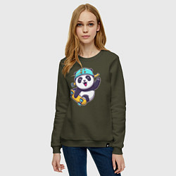 Свитшот хлопковый женский Панда скейтер, цвет: хаки — фото 2
