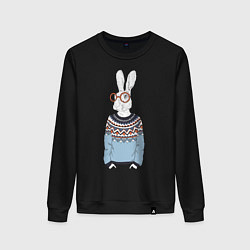 Свитшот хлопковый женский Кролик в свитере и очках, цвет: черный