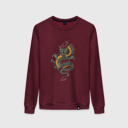 Свитшот хлопковый женский Зелёный китайский дракон, цвет: меланж-бордовый