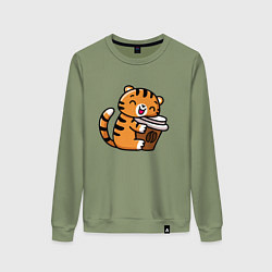 Свитшот хлопковый женский Тигренок и кофе, цвет: авокадо