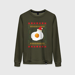 Свитшот хлопковый женский Рождественский свитер Кот-яичница, цвет: хаки