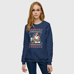 Свитшот хлопковый женский Рождественский свитер Котик с колечками, цвет: тёмно-синий — фото 2