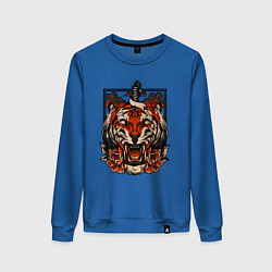 Свитшот хлопковый женский Японский дерзкий тигр, цвет: синий