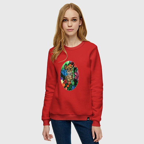 Женский свитшот Гепард в сад с тропическими цветами / Красный – фото 3