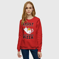 Свитшот хлопковый женский Легко отвлекаюсь на котов и пиццу, цвет: красный — фото 2