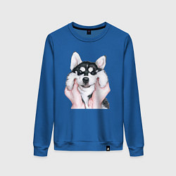 Свитшот хлопковый женский Тискание хаски, цвет: синий