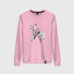 Свитшот хлопковый женский Розовые птицы и цветы магнолии, цвет: светло-розовый