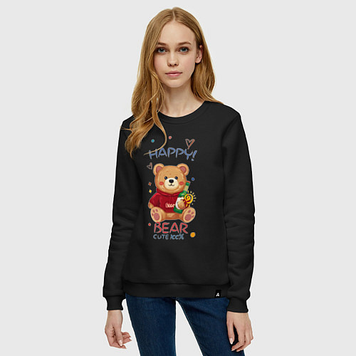 Женский свитшот СЧАСТЛИВЫЙ МИШКА HAPPY BEAR CUTE 100% / Черный – фото 3