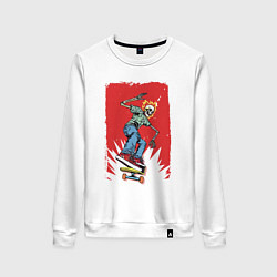 Свитшот хлопковый женский Fire skull Skateboarding man on a red background E, цвет: белый