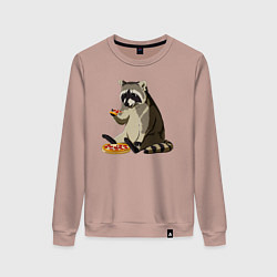 Свитшот хлопковый женский Енот кушает пиццу, цвет: пыльно-розовый