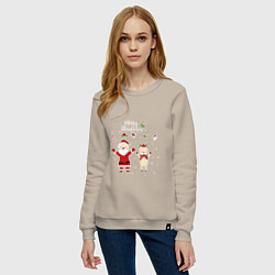 Свитшот хлопковый женский SANTA CLAUS WITH A DEER, цвет: миндальный — фото 2