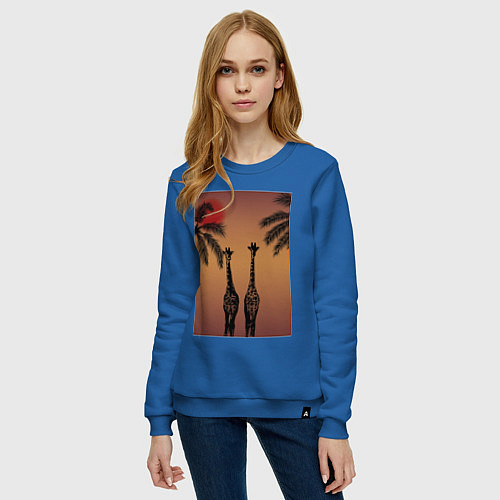 Женский свитшот Жирафы и пальмы на закате / Синий – фото 3