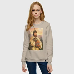 Свитшот хлопковый женский Иисус и капибара, цвет: миндальный — фото 2