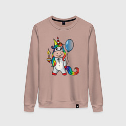 Свитшот хлопковый женский Праздничный единорог с тортиком, цвет: пыльно-розовый