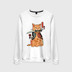 Свитшот хлопковый женский Японский Кот Якудза, цвет: белый