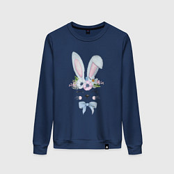 Свитшот хлопковый женский Кролик в цветах, цвет: тёмно-синий