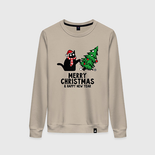 Женский свитшот Кот роняет новогоднюю ёлку / Миндальный – фото 1