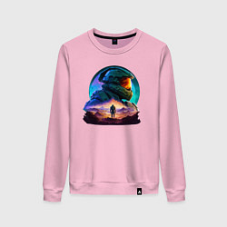 Свитшот хлопковый женский Киборг и космический пейзаж, цвет: светло-розовый