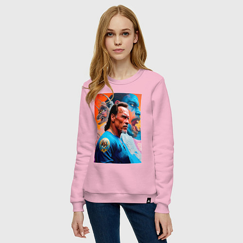 Женский свитшот Арнольд Шварценеггер - нейросеть - знаменитый актё / Светло-розовый – фото 3