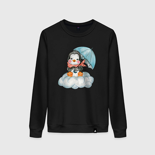 Женский свитшот Пингвин на облаке с зонтом / Черный – фото 1