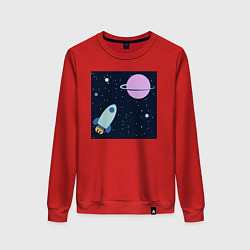 Свитшот хлопковый женский Космос, ракета летит к планете, цвет: красный