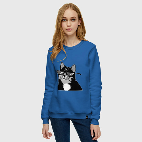 Женский свитшот Pixel coot cat in glasses / Синий – фото 3