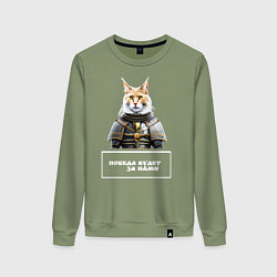 Свитшот хлопковый женский Кот мейн-кун в доспехах, цвет: авокадо