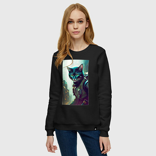 Женский свитшот Cool kitten - cyberpunk / Черный – фото 3