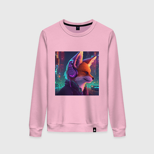 Женский свитшот Лис в наушниках на фоне киберпанк-города / Светло-розовый – фото 1