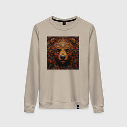 Свитшот хлопковый женский Морда медведя в стиле русской хохломы, цвет: миндальный