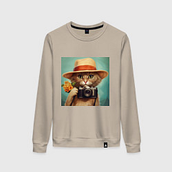 Свитшот хлопковый женский Кот в соломенной шляпе с фотоаппаратом, цвет: миндальный