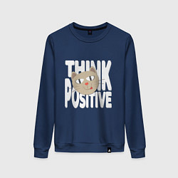 Свитшот хлопковый женский Забавный кот и надпись Think positive, цвет: тёмно-синий