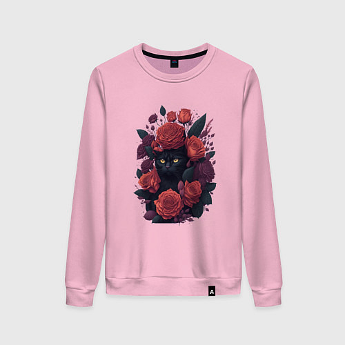 Женский свитшот Черный кот в цветах / Светло-розовый – фото 1