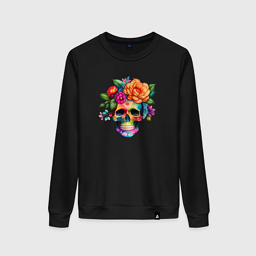 Женский свитшот Череп с цветами в мексиканском стиле / Черный – фото 1