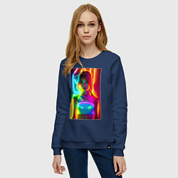 Свитшот хлопковый женский Japanese girl - neon glow - neural network, цвет: тёмно-синий — фото 2