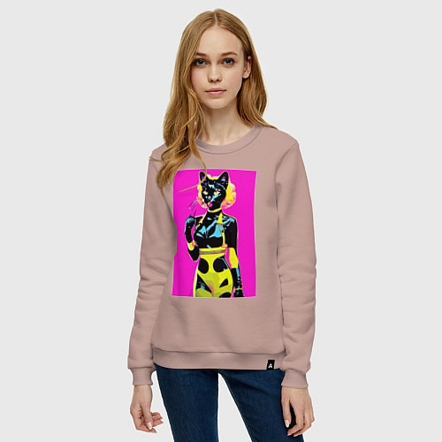 Женский свитшот Black cat - fashionista - pop art - neural network / Пыльно-розовый – фото 3