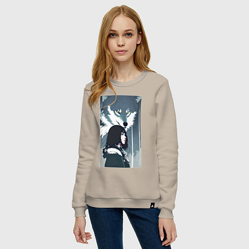 Женский свитшот Девушка под защитой волка - нейросеть - аниме / Миндальный – фото 3
