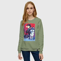 Свитшот хлопковый женский Девочка со своим другом волком - аниме, цвет: авокадо — фото 2