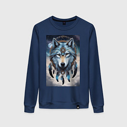 Свитшот хлопковый женский Шаман волк, цвет: тёмно-синий