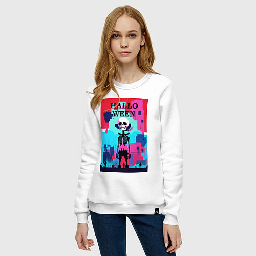 Женский свитшот Funny skeleton - pop art - pixels halloween / Белый – фото 3