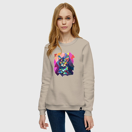 Женский свитшот Кот в стиле полигональном / Миндальный – фото 3
