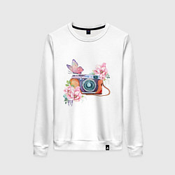 Свитшот хлопковый женский Фотоаппарат в цветах и бабочки, цвет: белый